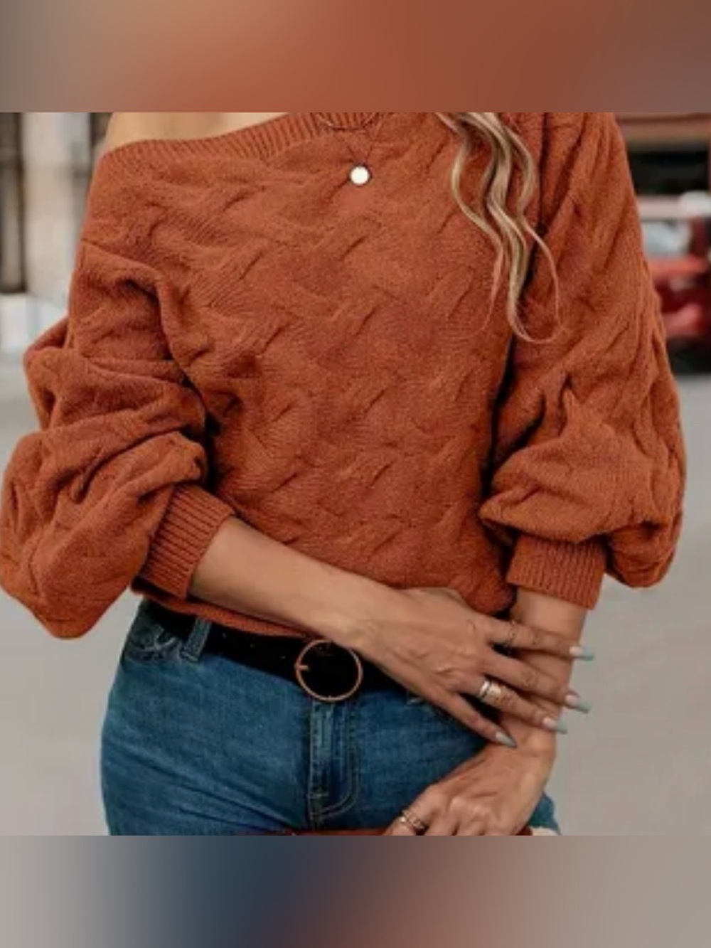 Temu Wide Neck Cable Weave Knit Sweater Batwing in Autumn Rust, Size M